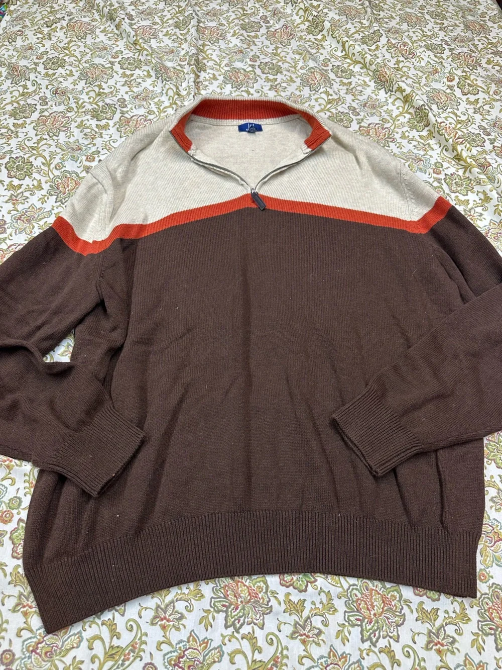 George Brown Crewneck Sweater with Beige Shoulders and Rust Stripe